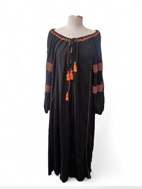 The Upside Embroidered Cotton Gauze Maxi Dress Tassels Boho Black Size 1/small